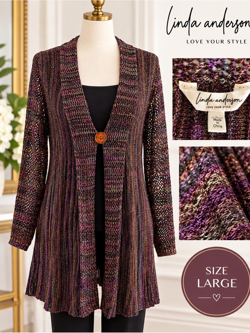 Linda Anderson Multicolor Metallic Knit Long Cardigan Size L Boho Duster